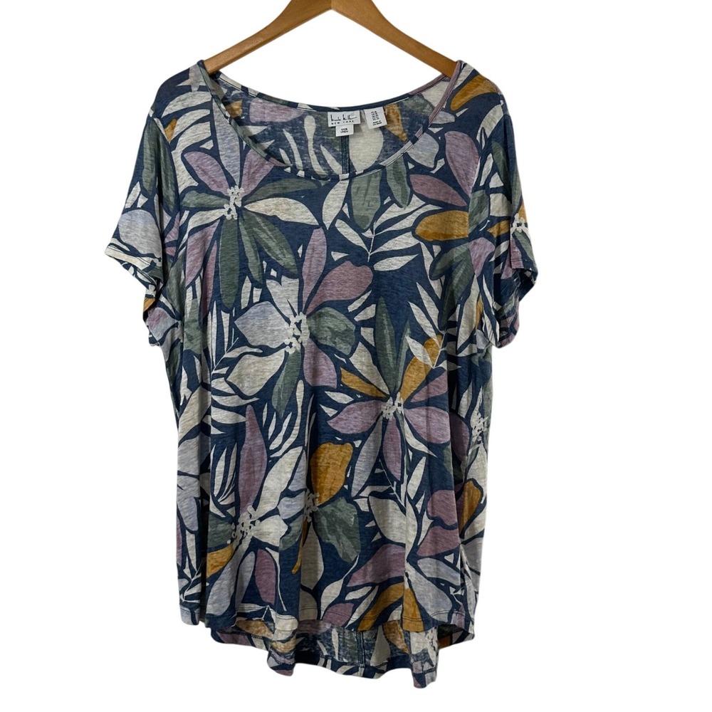 Nicole Miller New York Womens 1X Linen Floral Print Short Sleeve T-Shirt Blue